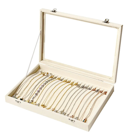GISK White 20 Hooks Necklace Organizer Box Necklace Tray Velvet with Clear Lid Necklace Storage Box Necklace Display Box Necklace Tray for Drawer Necklace Organization for Women Girls(White-Necklace)